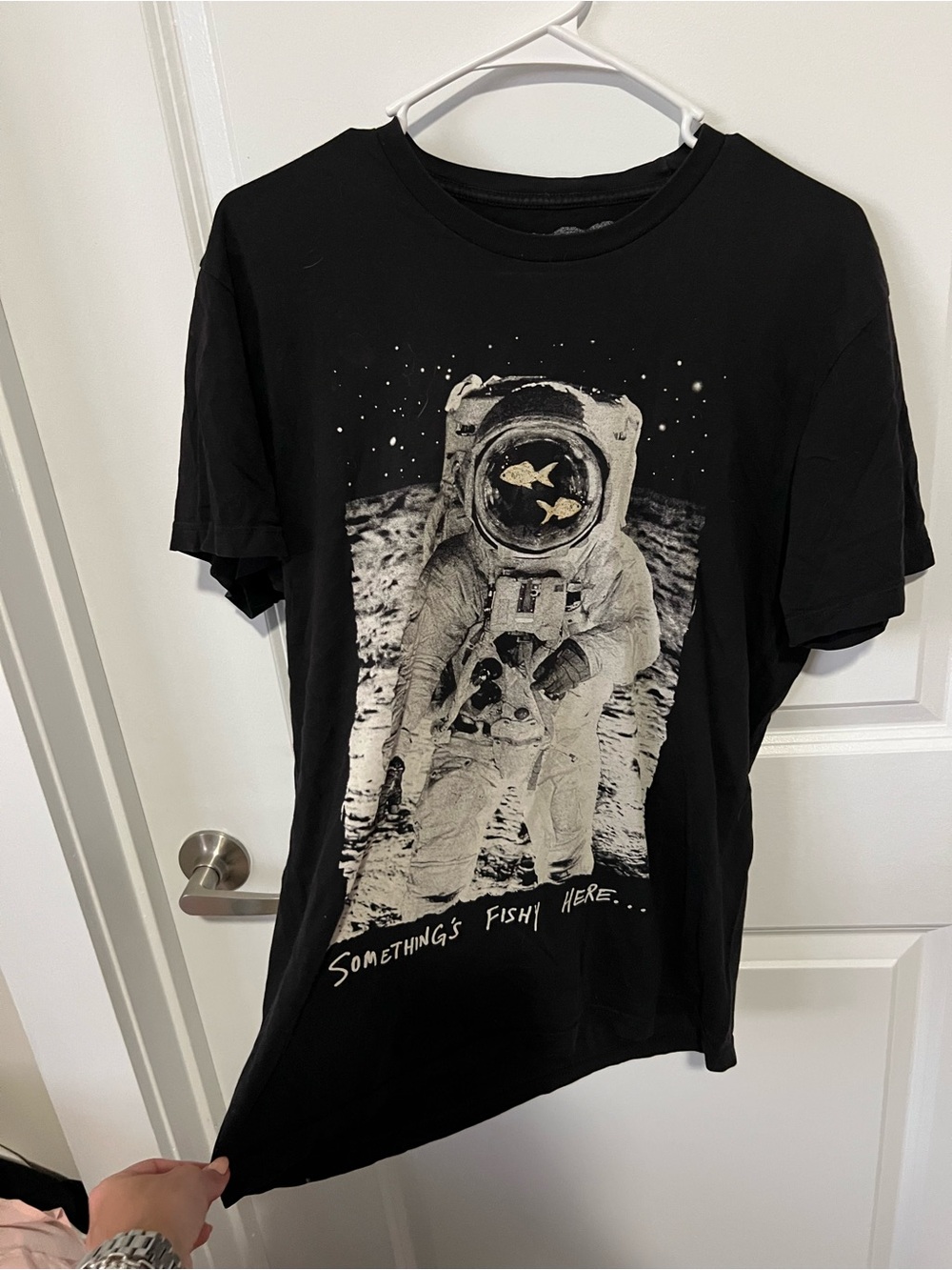 Black Graphic Tee with Astronaut & Fish Print